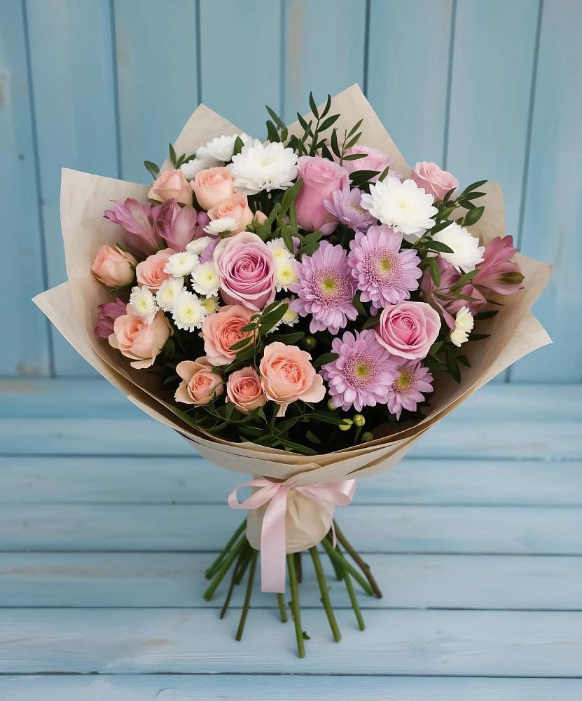 Букет цветов из: Хризантемы, Розы и Альстромерии в Селезнево