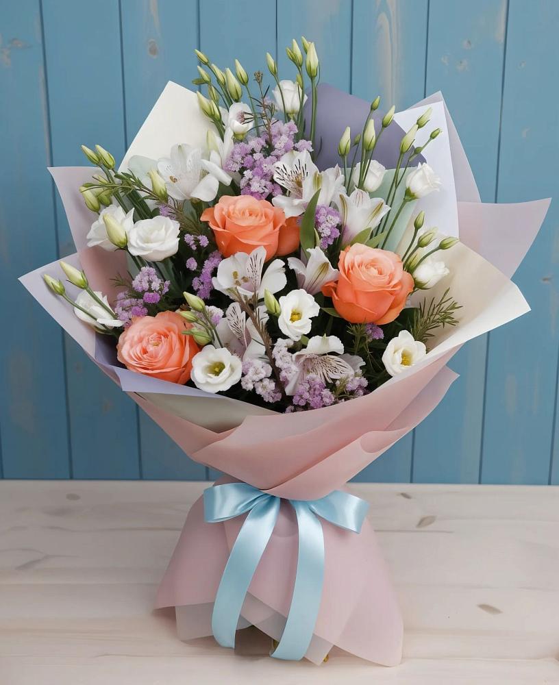 Букет цветов из: Лизиантусы, Розы, Альстромерии и Гипсофила в Селезнево