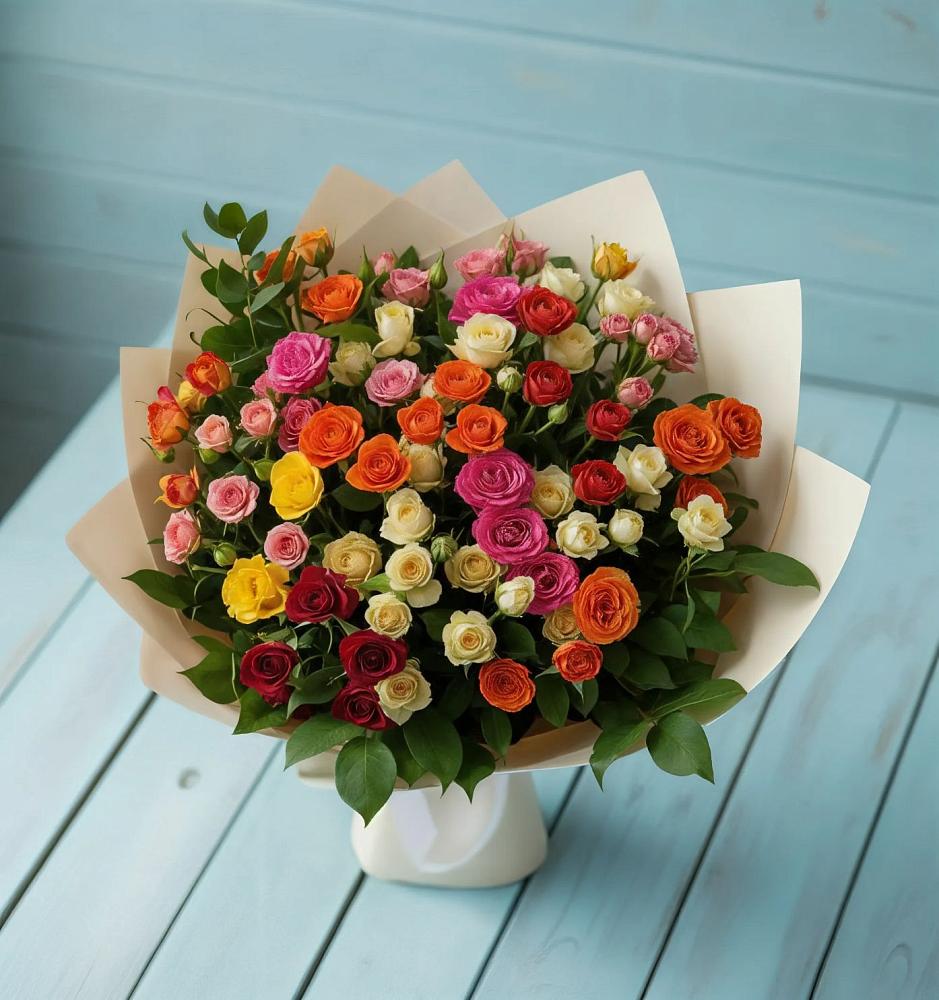 Букет Микс из разноцветных кустовых роз в Селезнево