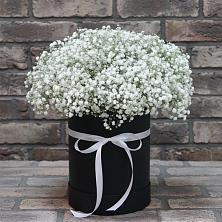 Цветочная композиция из Гипсофила в шляпной коробке в Селезнево