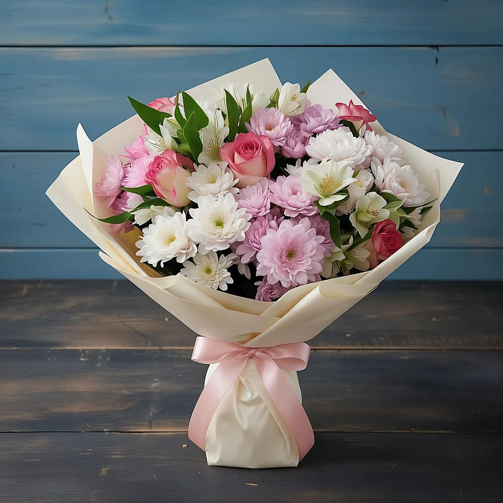 Букет цветов из: Хризантемы, Альстромерии и Розы в Селезнево